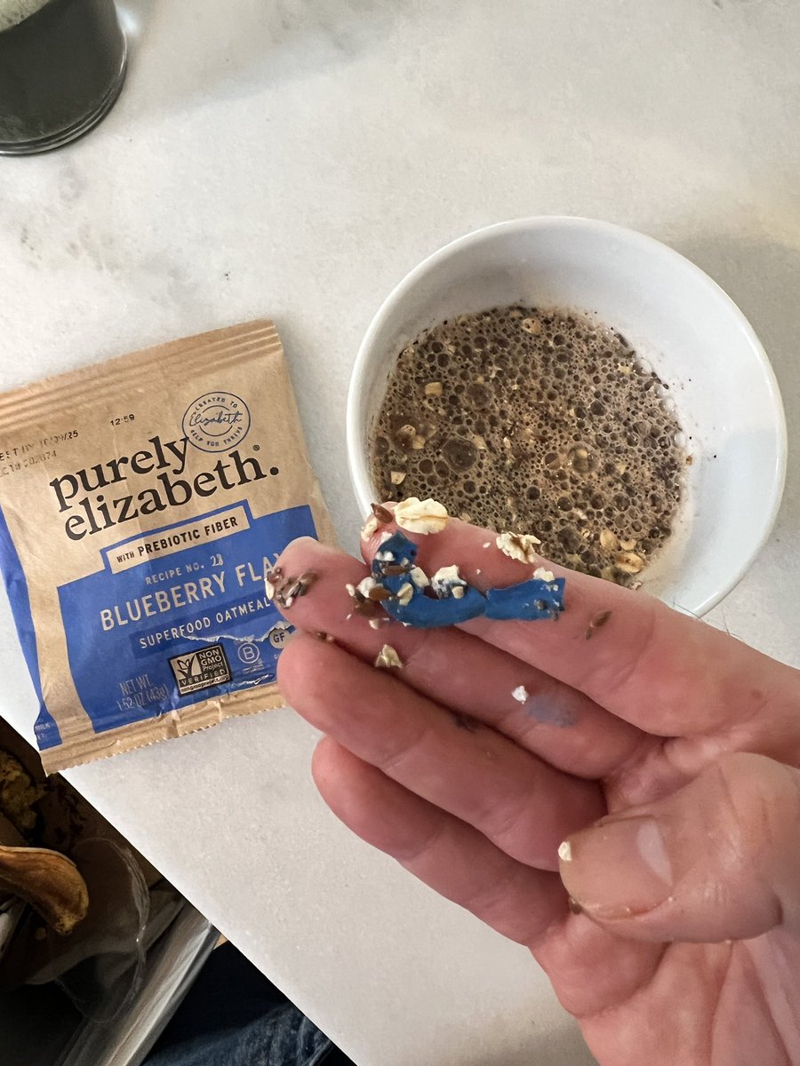 tonyzimney's tweet photo. @purelyelizabeth I know you don’t post much, but I you should know I  found this weird blue disintegrating disc in my oatmeal this morning https://t.co/iUtfeHyiDf