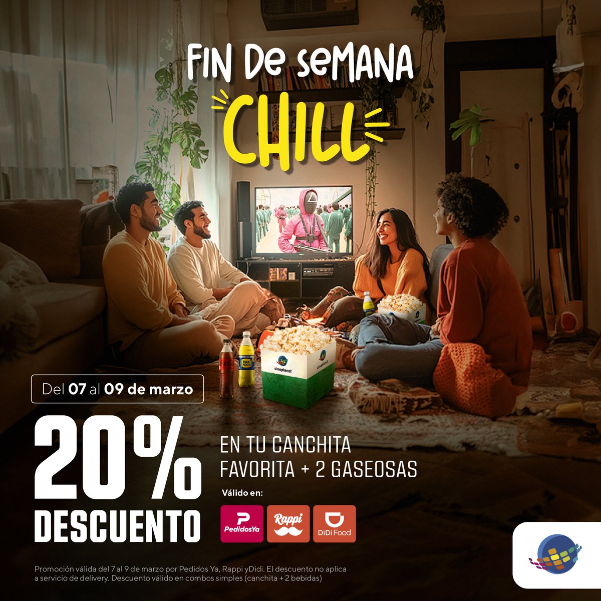 cineplanet's tweet photo. ¡El plan perfecto para tu finde chill está aquí! 🍿💙 Con 20% de descuento en tu canchita favorita + 2 gaseosas. 🤩🥤
📲 Pide tu combo en PedidosYa, Rappi o DiDi Food y disfruta sin preocupaciones. 🎞👌
#ModoChill #Canchita #Cineplanet https://t.co/mhb94TkDH8