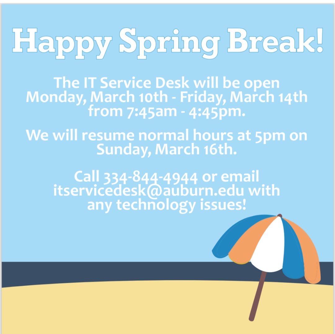 AuburnOIT's tweet photo. 🌸🏖️ Spring Break: Ctrl + Alt + Relax! 🌞 The IT Service Desk hopes you all enjoy a well-deserved break to recharge and refresh. Check out our adjusted hours and plan your tech needs accordingly! 🖥️🔄 #SpringBreak #ITServiceDesk #CtrlAltRelax #RechargeandRefresh #Reboot #AuburnU https://t.co/TGT6ZfLh3g