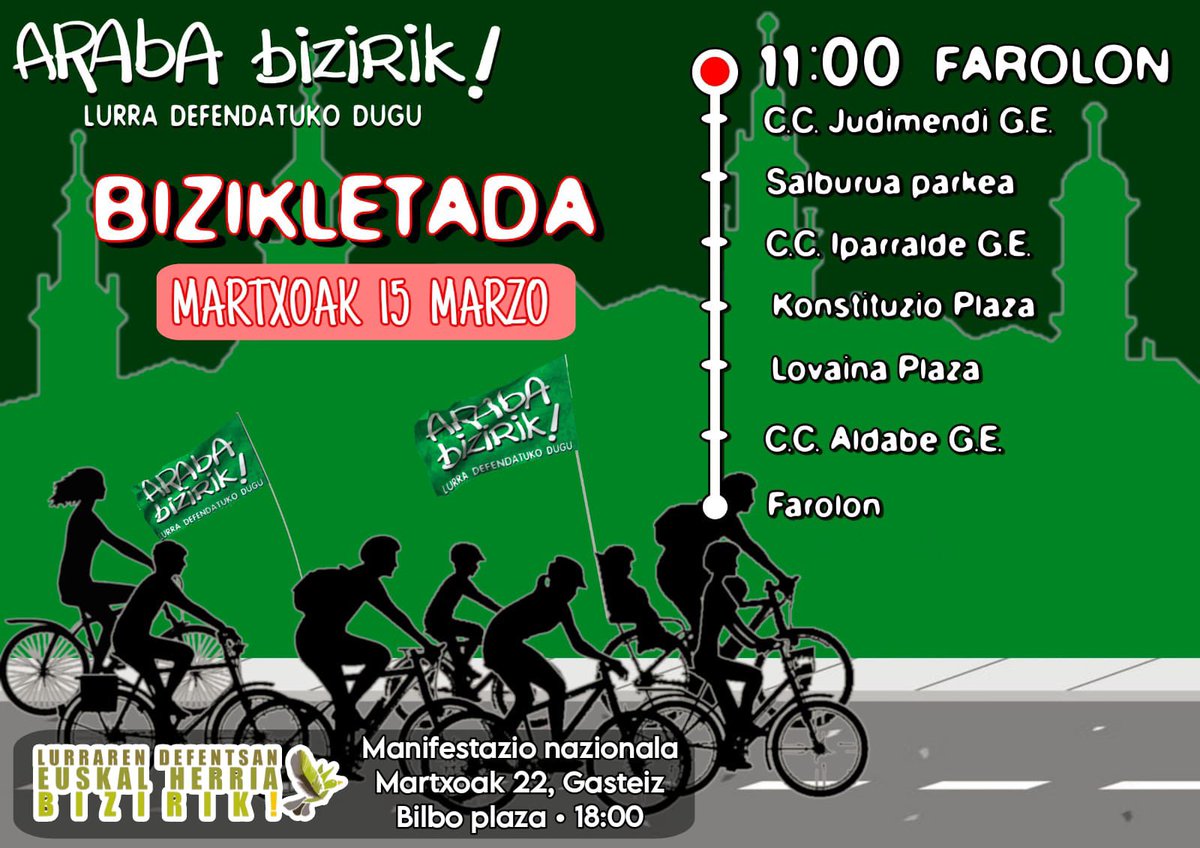 ArabaBizirik's tweet image. 🔊 Martxoaren 15ean, hilaren 22an Gasteiz en egingo den manifestazioaren berri emateko bizikletan pasiatzen ibiliko gara.
📍Gure bizitza posible egiten duen natura eta bioaniztasunaren defentsa ere borroka arrazoia da.
🔵🟢 Parte hartzera gonbidatzen zaitugu
Etor zaitez gurekin!