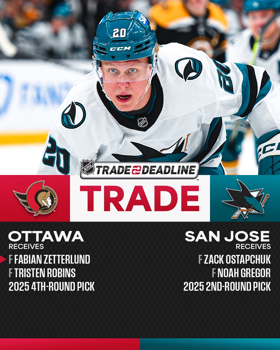 NHL's tweet photo. Fabian Zetterlund is now a member of the @Senators! 👏 #NHLTradeDeadline https://t.co/IKuHog8RCV