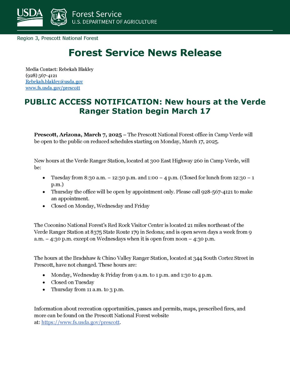 PUBLIC ACCESS NOTIFICATION: New hours at the Verde Ranger Station begin March 17; News release dated 3/07/25: fs.usda.gov/detail/prescot…