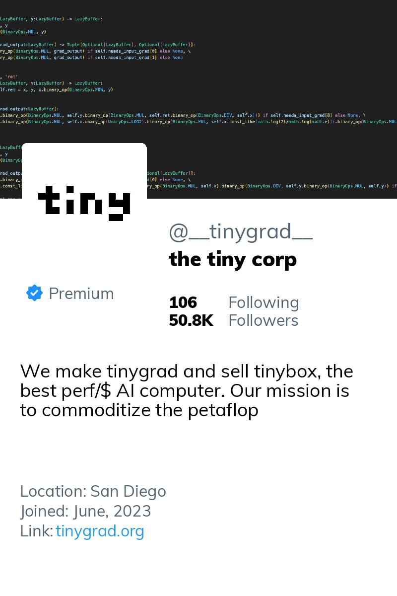 BigTechAlert's tweet photo. 🆕 @lisasu has just followed @__tinygrad__

(🤖❓: need more perspective about this) https://t.co/QPZnk8BjLh