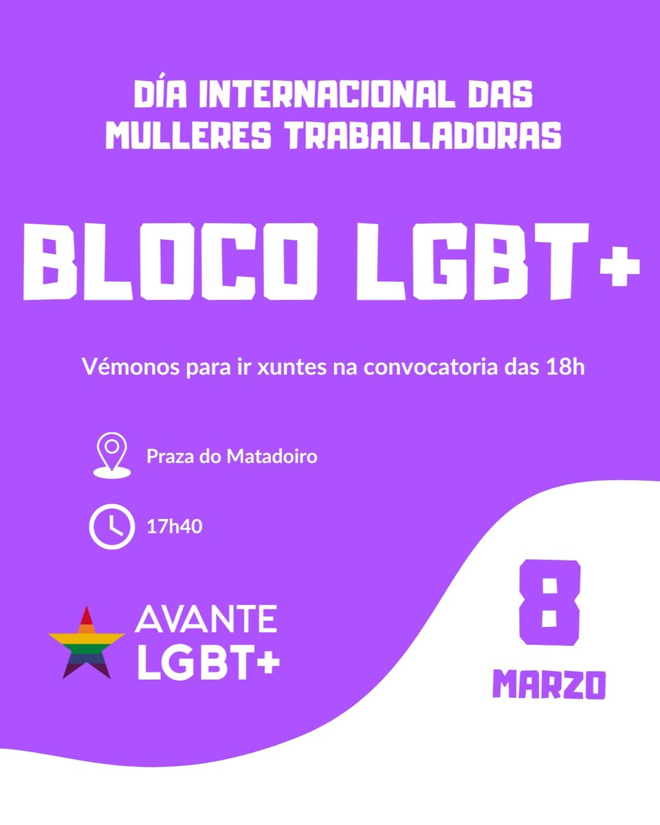 Vémonos na manifestación polo día internacional das mulleres traballadoras, convocada pola <a href="/MMMGaliza/">Marcha Mundial Mulleres Galiza</a> ás 18h.