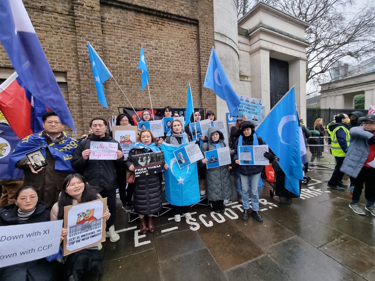 Thousands of protesters representing Tibetan, Uyghur, Hong Kong, Mongolian, Chinese, British, and Tower Hamlets communities have assembled outside Royal Mint Court to challenge the Chinese Communist Party and protest against the proposed establishment of China's 'super embassy'