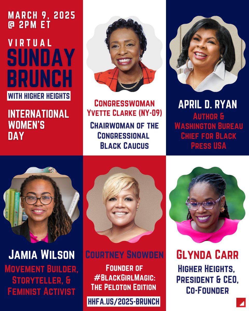With #InternationalWomensDay this weekend, we're excited to celebrate and reflect on how we can all contribute to progress. Join us this Sunday, March 9, at 2 p.m. ET for a Virtual Sunday Brunch with <a href="/RepYvetteClarke/">@repyvetteclarke.bsky.social</a>  , <a href="/AprilDRyan/">AprilDRyan</a>  , Jamia Wilson, and <a href="/CRSnowden52/">Courtney R. Snowden</a>   Courtney