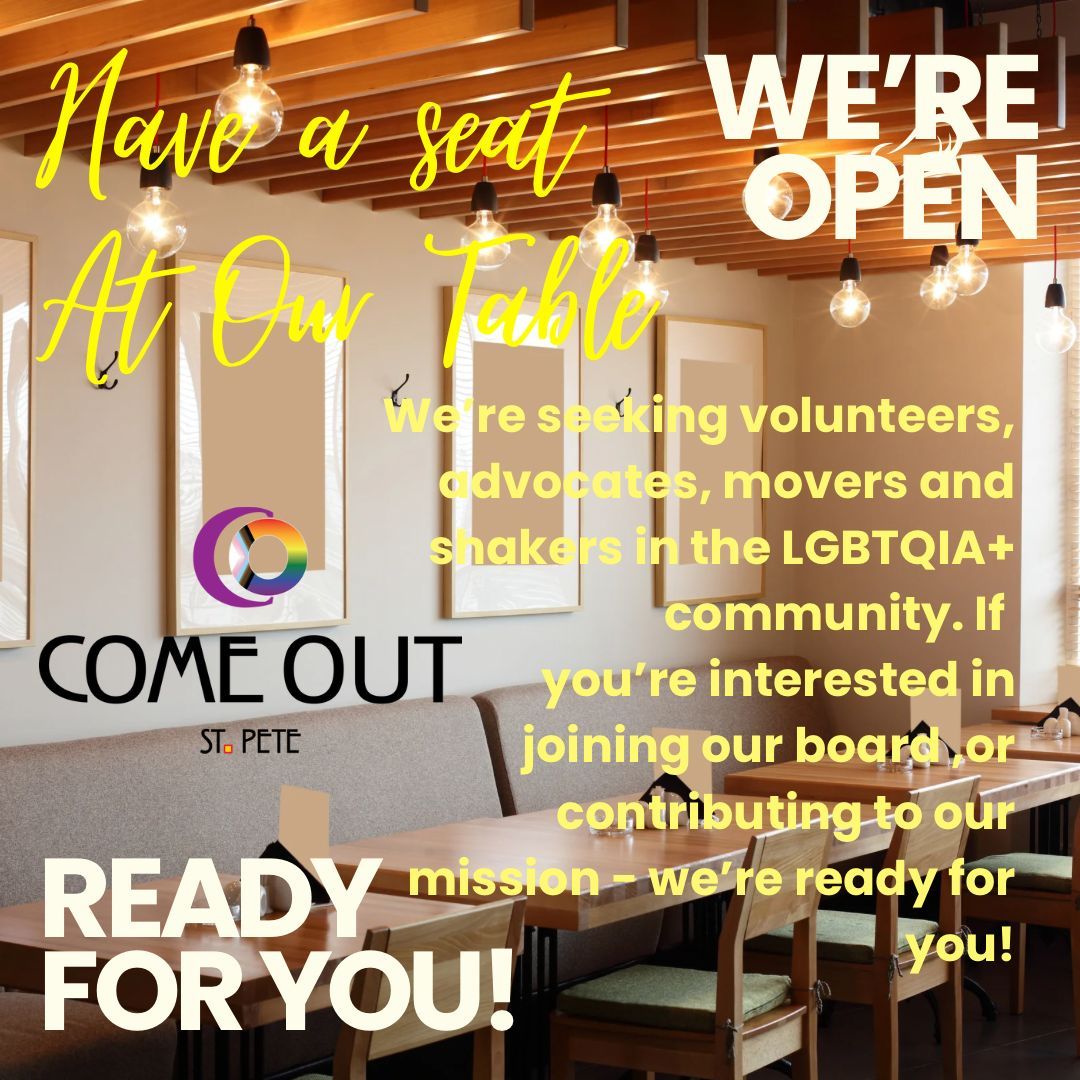 ComeOUTStPete's tweet photo. Do current events have you wondering how to be an active contributor for a cause that you're passionate about? Have a seat at our table!
Come OUT St Pete is seeking volunteers, advocates, in the LGBTQIA+ community
Everyone is welcome at our table.
https://t.co/wEe1IWkJX9 https://t.co/xUXxMFt9cE