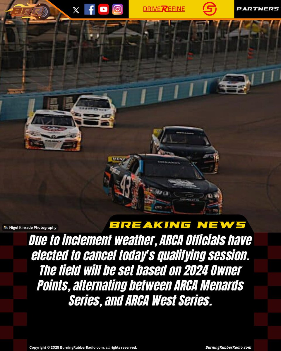 BRRadio_'s tweet photo. Mother Nature wins again 🫠

ARCA Qualifying has been canceled due to inclement weather. The lineup will be set on 2024 Owner Points, alternating between ARCA Menards Series, and ARCA West points.

Stay up to date with Burning Rubber Radio!

#NASCAR | #BRRadio | #News https://t.co/UmRGfOJzZF