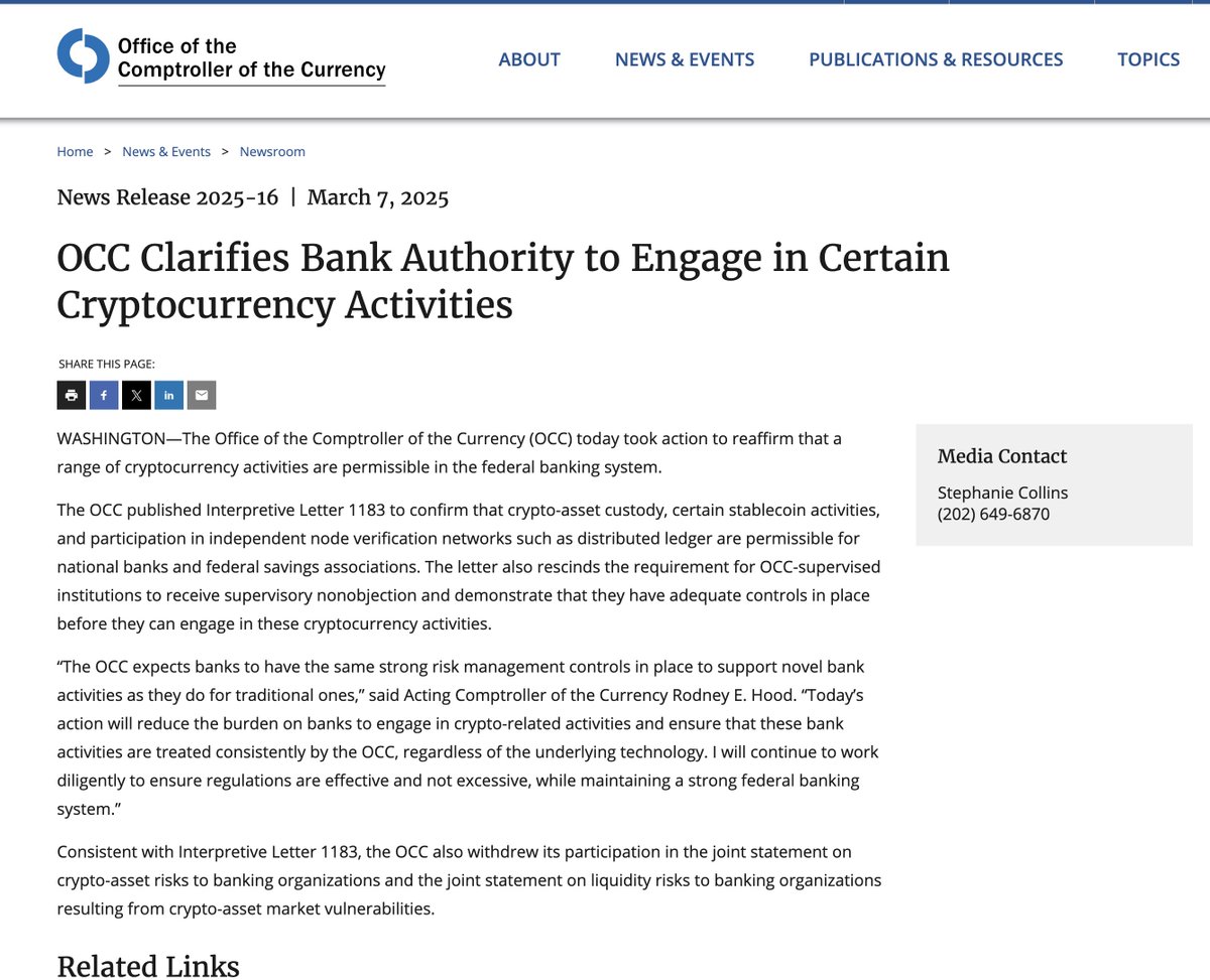 Office of the US Comptroller releases new crypto rules. OCC Clarifies Bank  Authority to Engage in Certain Cryptocurrency Activities WASHINGTON—The  Office of the Comptroller of the Currency (OCC) today took action to