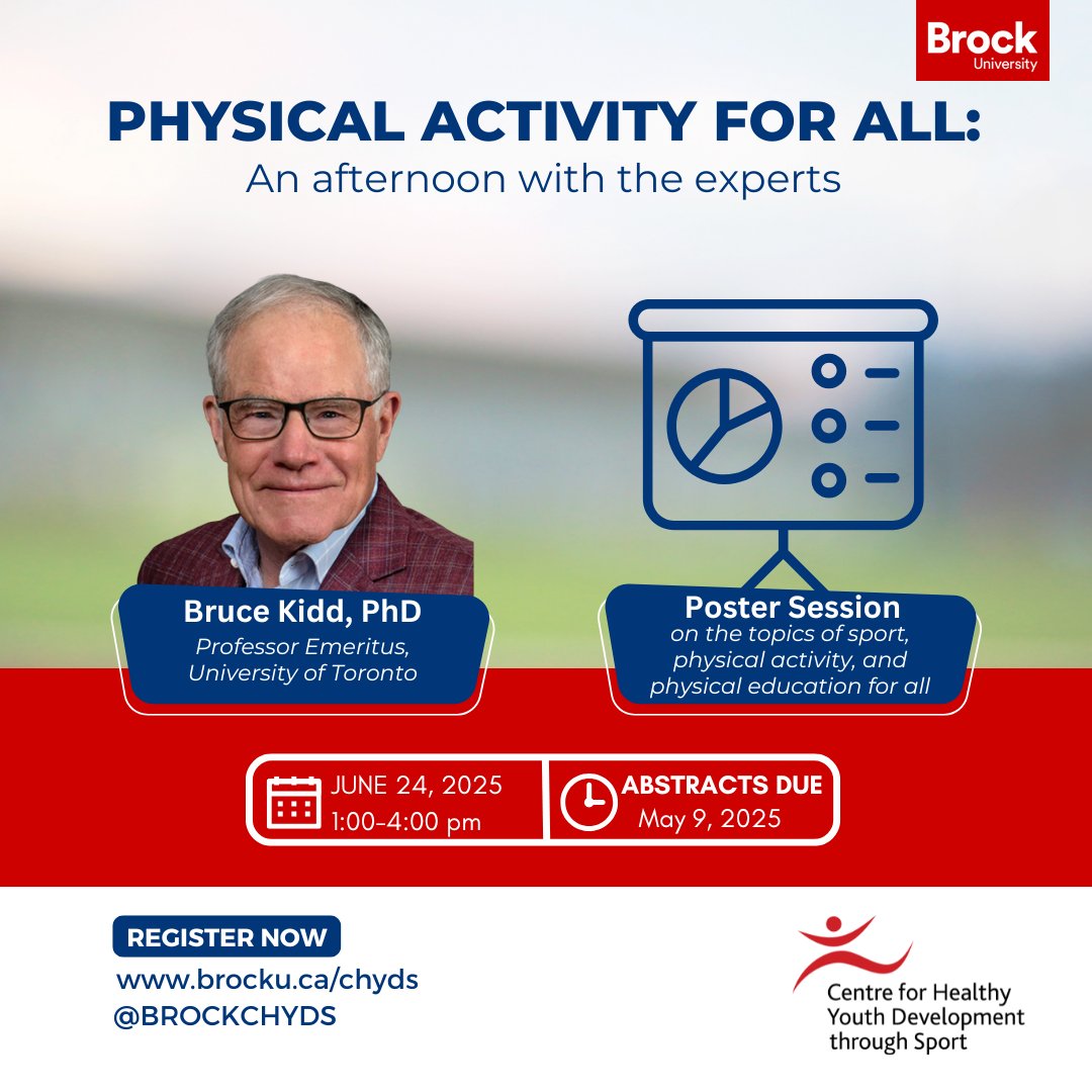 Exciting news! CHYDS is proud to host Physical Activity for All: An Afternoon with the Experts.

The day will feature a keynote from renowned sport scholar Bruce Kidd followed by an interactive poster session (abstract submissions welcome). 

Register now: event.fourwaves.com/CHYDSPAA/