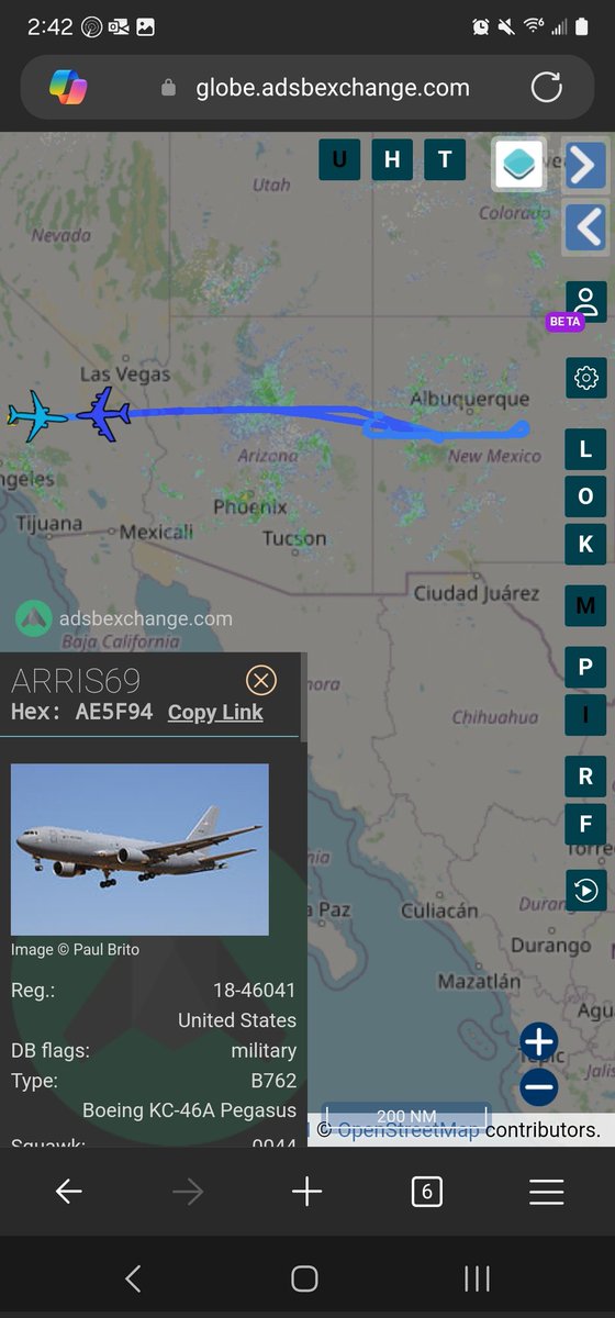 norb420's tweet photo. #AE5F94 as #ARRIS69
#AE04EB as #ARRIS42
Doing a longer flight and stretching  out a bit. Out to across Arizona and hung out over New Mexico. Flew along the AR-310 refueling track, flew East along it and then back West. Now returning to the Edwards AFB area, probably do a bit of pattern work before calling it a day.