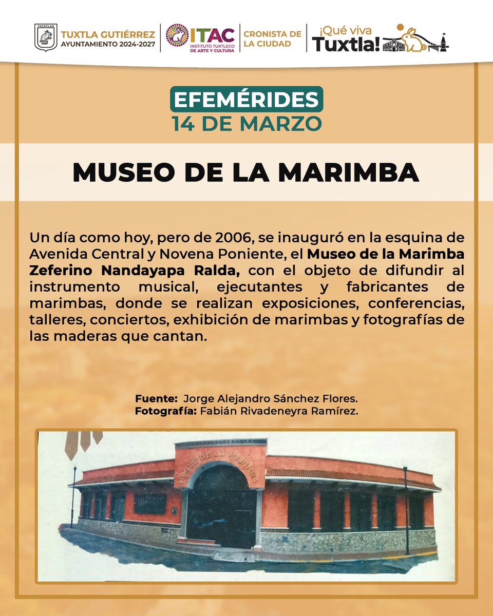 ITACTuxtlaGtz's tweet image. #Efeméride 14 de marzo: Museo de la Marimba Zeferino Nandayapa Ralda.  #ITAC #ViveTuCultura #SomosITAC