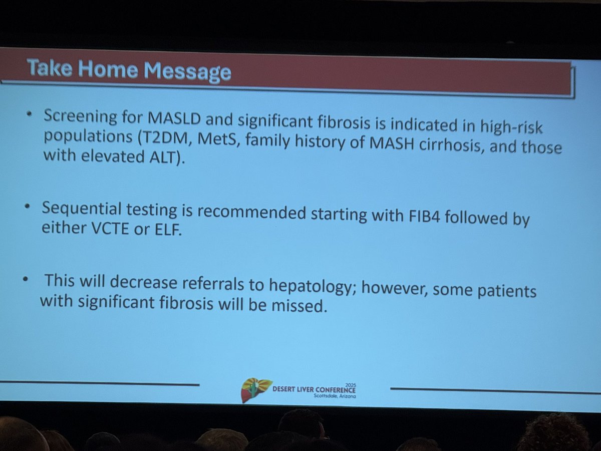 Thomas G. Cotter, MD MS (@tcottermd) on Twitter photo Great overview by <a href="/AlkhouriNaim/">Naim Alkhouri</a> on how to identify patients that need liver specialist referral at Desert Liver Conference DLC2025.
FIB-4 remains the backbone, sequential testing recommended at specialist level <a href="/LiverArizona/">Arizona Liver Health</a> Great overview by <a href="/AlkhouriNaim/">Naim Alkhouri</a> on how to identify patients that need liver specialist referral at Desert Liver Conference DLC2025.
FIB-4 remains the backbone, sequential testing recommended at specialist level <a href="/LiverArizona/">Arizona Liver Health</a>