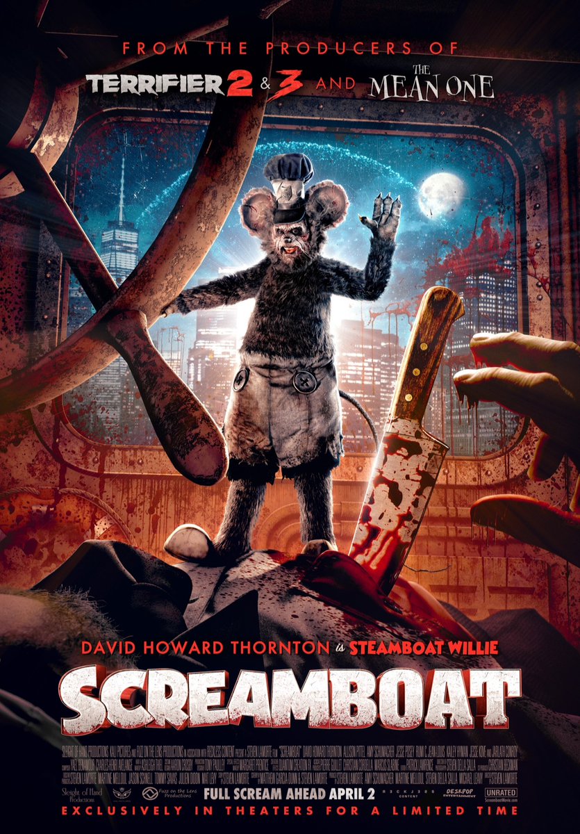 🐭🔪 Póster para #ScreamboatMovie, dirigida por Steven LaMorte. Se estrenará el 2 de abril de 2025.
Esta cinta transforma a Steamboat Willie en una pesadilla sangrienta. 

Del equipo de #Terrifier2, esta retorcida historia promete terror, risas, sangre y un ratón asesino.