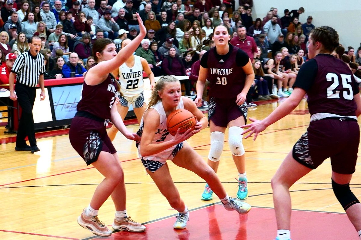 ProductionsW7's tweet photo. Last nightβs @jollygoodsoda Player of the Game, Xavier GBB junior Brynn Krull who led all players with 22 pts ( 3 3pt in 2nd half, 5/6 FT ) in the Hawksβ 44-38 Sectional semifinal win over Winneconne! ππΌππΌππΌππΌ #SignTheWall #wiaagb #roadtotheresch @brynnkrull3 https://t.co/8wgcnfWAFt