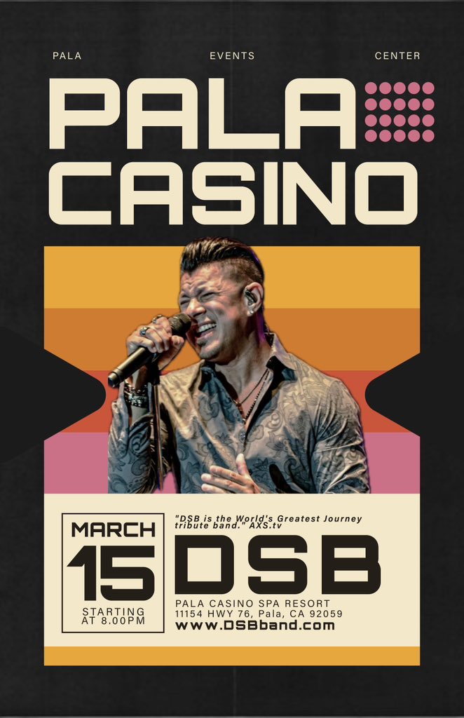 dsbband's tweet photo. 🚨 PALA CASINO—ARE YOU READY?! 🚨
DSB returns to Pala Casino on March 15! 🎸✨ Get ready to sing your heart out to all the classics—Don’t Stop Believin’, Separate Ways, Faithfully, and more! Tag your concert crew and grab your tickets NOW! 🎟️ #DSB2025 #JourneyTribute #PalaCasino https://t.co/xtevEgL4wg