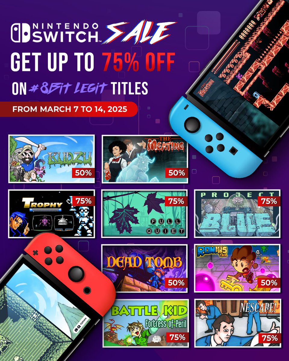Mega Cat Studios (@megacatstudios) on Twitter photo Unlock incredible savings at <a href="/WeAre8BitLegit/">8-Bit Legit is proud to bring you Kudzu!</a>'s #NintendoSwitch Sale from March 7-14! With discounts up to 75% OFF, it's the perfect opportunity to score some retro gems at unbeatable prices! 🎮🏷️
Explore the deals: bit.ly/8BLNSWS Unlock incredible savings at <a href="/WeAre8BitLegit/">8-Bit Legit is proud to bring you Kudzu!</a>'s #NintendoSwitch Sale from March 7-14! With discounts up to 75% OFF, it's the perfect opportunity to score some retro gems at unbeatable prices! 🎮🏷️
Explore the deals: bit.ly/8BLNSWS