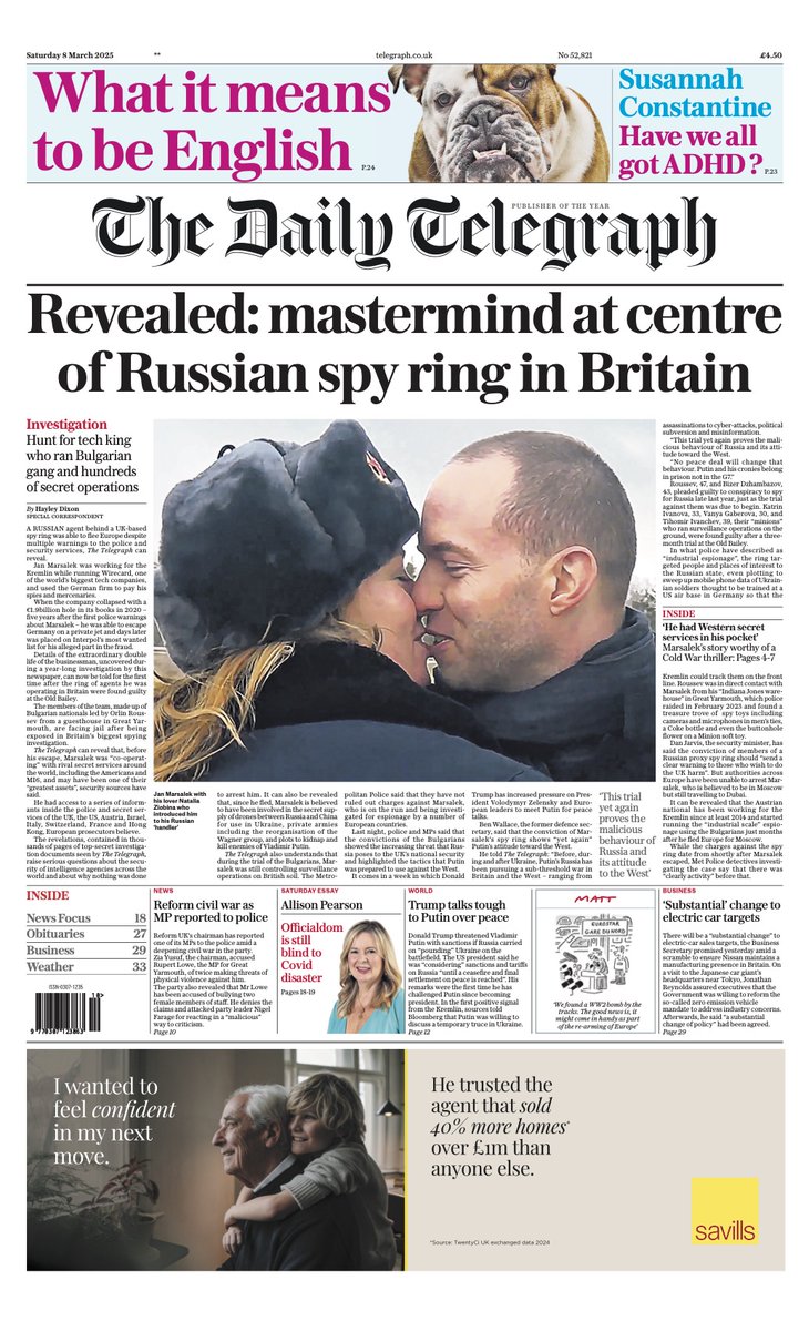 The front page of tomorrow's Daily Telegraph:

'Revealed: mastermind at centre of Russian spy ring in Britain'

#TomorrowsPapersToday