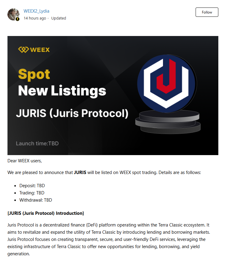 hexxagon_io's tweet image. 🚀 Exciting News! Juris Protocol is pushing for a WEEX CEX listing! 📢

Juris is revolutionizing lending on Terra Classic and expanding its reach. A listing on WEEX would bring even more utility and accessibility! 🔥

Show your support and let&apos;s make it happen! 💪

#JurisProtocol…