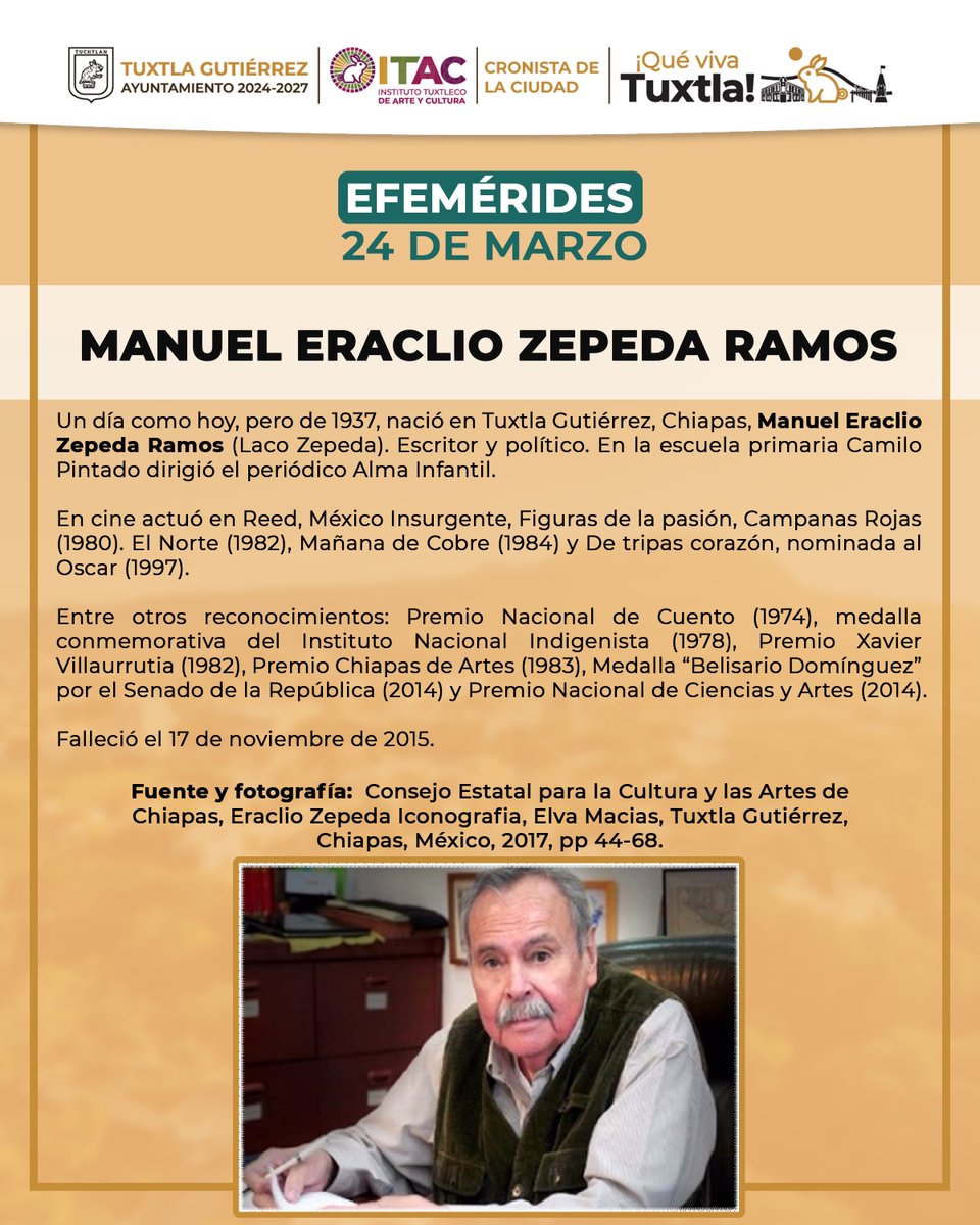 ITACTuxtlaGtz's tweet image. #Efeméride 24 de marzo: Manuel Eraclio Zepeda Ramos.

#ITAC #ViveTuCultura #SomosITAC