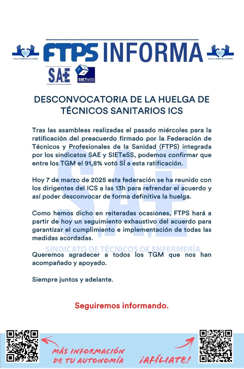 SaeCatalunya's tweet photo. Desconvocada la huelga de Técnicos Sanitarios del ICS tras ratificación del preacuerdo por el 91.8% de los TGM
#FTPS #SAE #SIETESS #ICS https://t.co/gTHDzCE6r0