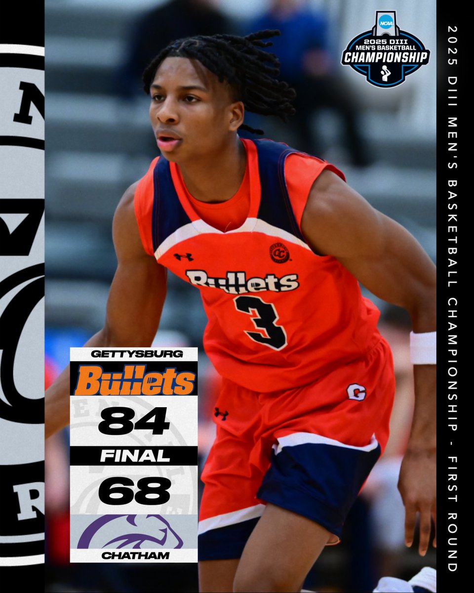 CentennialConf's tweet image. MBB | NCAA FIRST ROUND 

@GburgMBB claims an 84-68 victory over Chatham in the opening round of the @NCAADIII tournament

Stafford led the @gburgbullets with 2️⃣6️⃣ points, 7️⃣ rebounds, and 5️⃣ assists

Gettysburg will face the winner of the Wesleyan/Del Val game on Saturday

#CCmbb