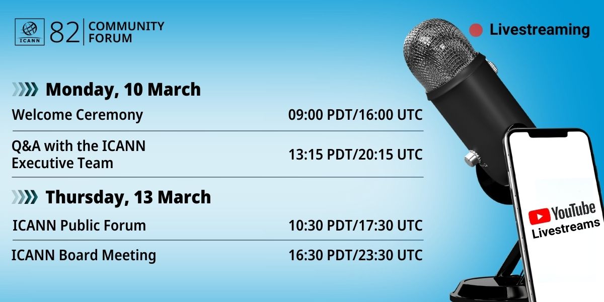 Some #ICANN82 sessions will be livestreamed on YouTube. Be sure to check the schedule and click on each session to access the livestream links: go.icann.org/icann82 #ICANN