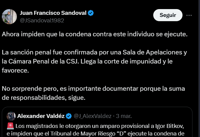 1/7 Voy a responder a este individuo @JSandoval82 mas conocido como Pancha quien sigue muy interesado de nuestro proceso. Un exfiscal procesado por corrupción , prófugo de la justicia , esta insultando y despreciando las resoluciones de honorables magistrados públicamente .