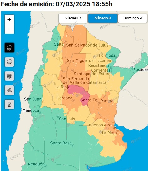 SMN_Argentina's tweet photo. 7 MAR | 20:15h ⛈️ El avance de un frente frío provoca a su paso tormentas fuertes a severas. 

⚠️ Continúan durante la madrugada alertas de nivel rojo, naranja y amarillo en varias provincias del centro y norte del país 

👉 Mantenete actualizado en https://t.co/GRjfngFWuF https://t.co/xM8oQ1YWL4