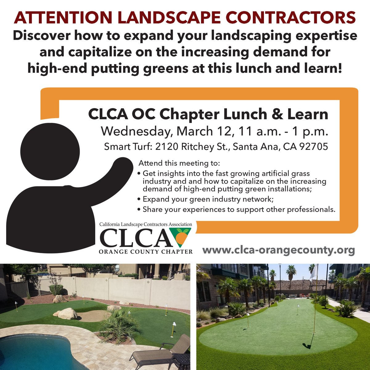CLCAOCChapter's tweet image. Discover how to expand your landscaping expertise and capitalize on the increasing demand for high-end putting greens at our lunch and learn in Santa Ana on March 12. All green industry professionals welcome! lp.constantcontactpages.com/ev/reg/479fes9
