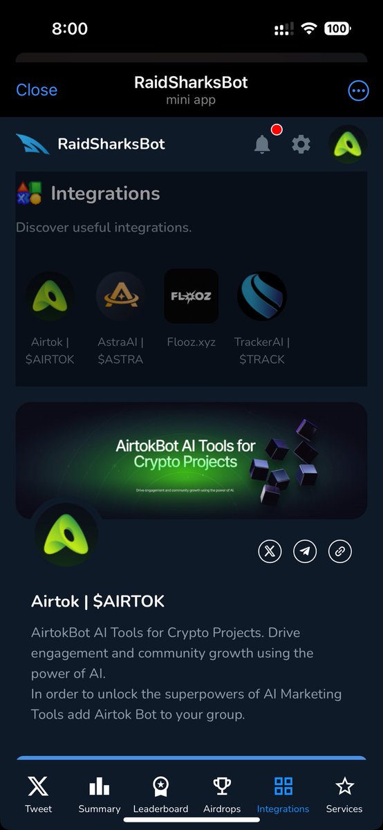 airtok_ai's tweet photo. So excited for this massive update from @RaidSharks. The @BullShark_3 bot has just been updated to version 3 and with it comes a raft of incredible updates. 

Not least of which is the integrations tab which features AirtokBot!

We’ve been working with RaidSharks since day 1 of our build process to ensure our Raid Automation feature was powered by a highly reliable and dedicated team, we were lucky to find that early with RaidSharks and could not be happier with the incredible partnership. 

We have a lot of updates and upgrades coming to our Tweet automation service and our partnership with RaidSharks will ensure that all of those updates are ready to be included with our raid automation service powered by RaidSharksBot. 

We also use RaidSharks to power our custom branded AirtokRaidBot. Come try it out in our telegram group.