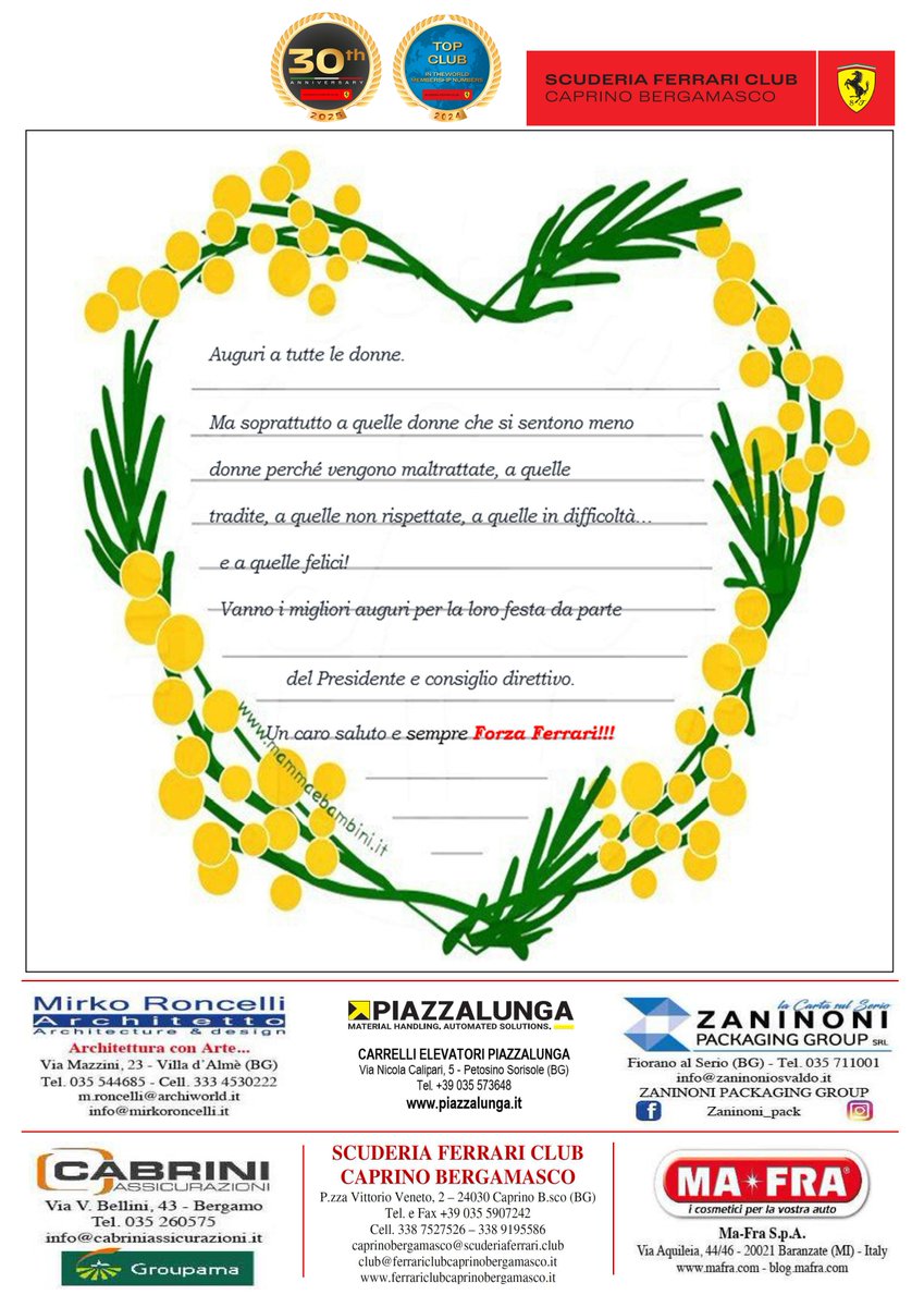 SFCcaprinobg's tweet photo. Auguri a tutte le donne. 
Ma soprattutto a quelle donne che si sentono meno  donne perché vengono maltrattate, tradite, a quelle non rispettate, a quelle in difficoltà… e a quelle felici!  Vanno i migliori auguri per la loro festa da parte
del Presidente e consiglio direttivo https://t.co/U1Dd9onC2v