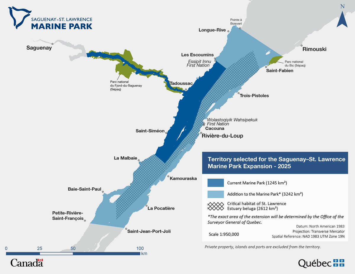 The expansion of the Saguenay–St. Lawrence Marine Park to three times its current size is another crucial step in protecting marine biodiversity in Quebec, particularly the entire essential habitat of the belugas in the park, home to over 1,850 belugas during the summer period.