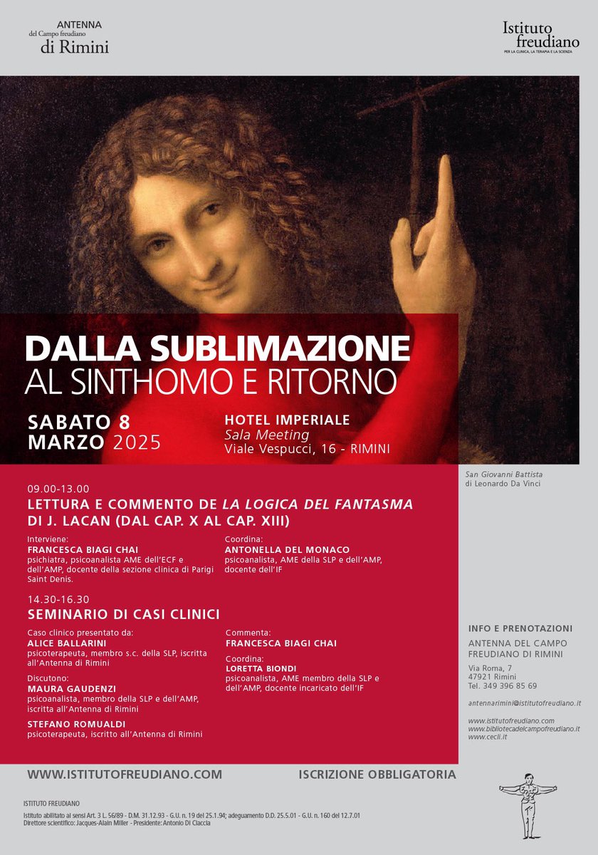 Sul Seminario XIV « La logica dell’inconscio » di Jacques Lacan
lettura e commenti dei Capp. X - XIII.
Sabato, 8 marzo 2025 - Antenna Istituto freudiano RIMINI
Docente: Francesca Biagi Chai psicoanalista ECF, AMP
