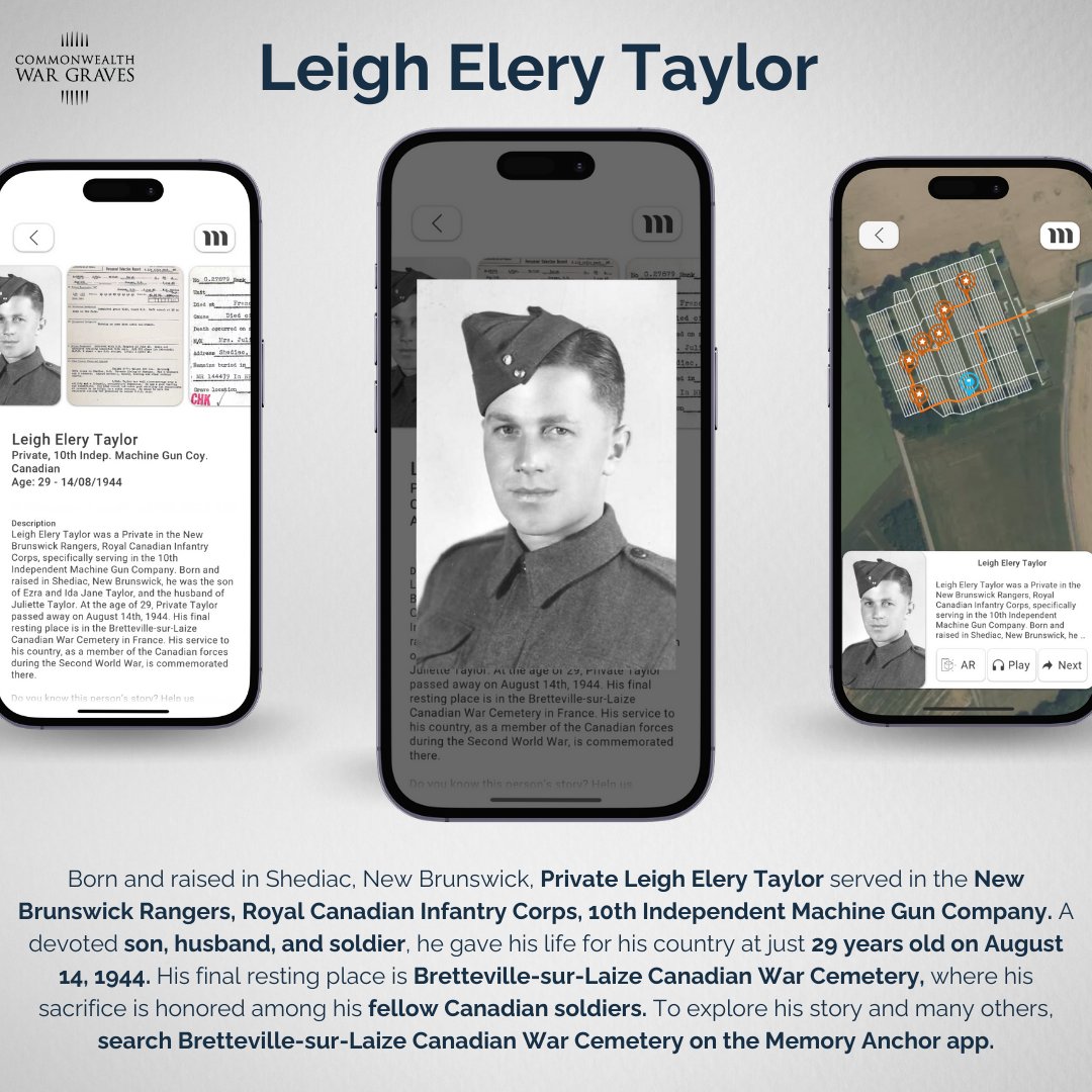 memoryanchorinc's tweet photo. A son, husband, and soldier from Shediac, NB, Private Taylor served in the New Brunswick Rangers before making the ultimate sacrifice at 29 years old on August 14, 1944. Find his story and more by searching Bretteville-sur-Laize on the Memory Anchor map. 🌿 #LestWeForget https://t.co/r2pCEZCW1E