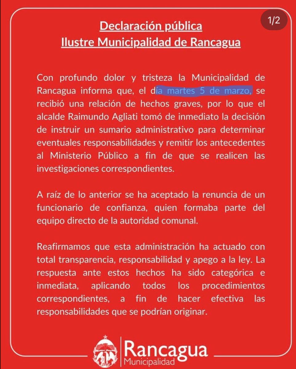 vale_caceres3's tweet photo. @munirancagua oculta información en grave situación que afecta a jefe de gabinete de alcalde @ragliatim. Inaceptable que pasaran 72 horas desde que autoridad tomó conocimiento del tema y recién hoy aceptó renuncia. La gente merece saber la verdad y que se actúe con transparencia https://t.co/zfeLuIzBkm