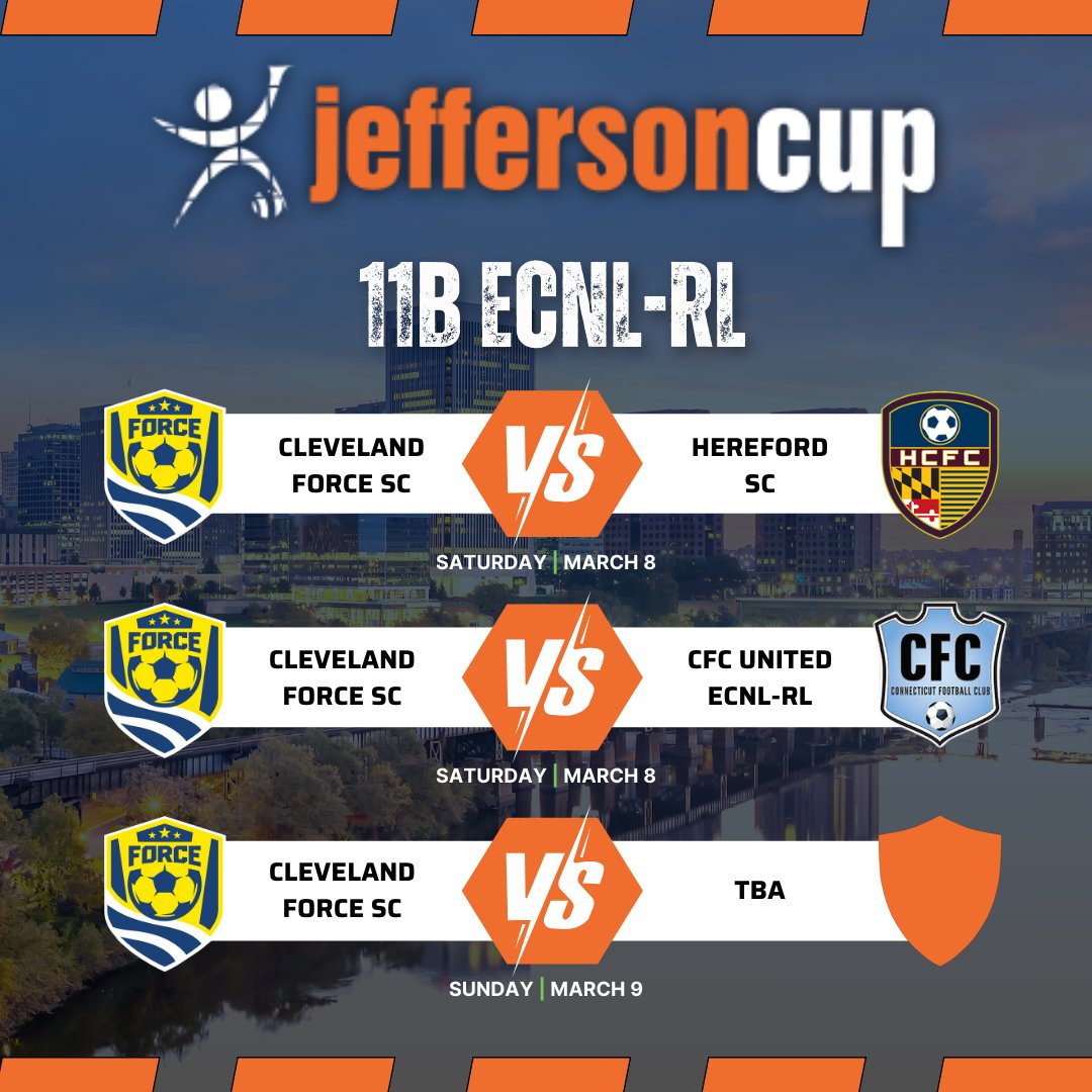 ClevForceSC's tweet photo. Good luck to our Cleveland Force SC 11B ECNL-RL and 12B ECNL-RL teams as they head to the Greater Richmond, VA area to compete in the 2025 Jefferson Cup!!

Our guys are scheduled against some tough competition! Play at your best, guys! 

#chrip #clevelandforcesc https://t.co/AmQoMDGZeG