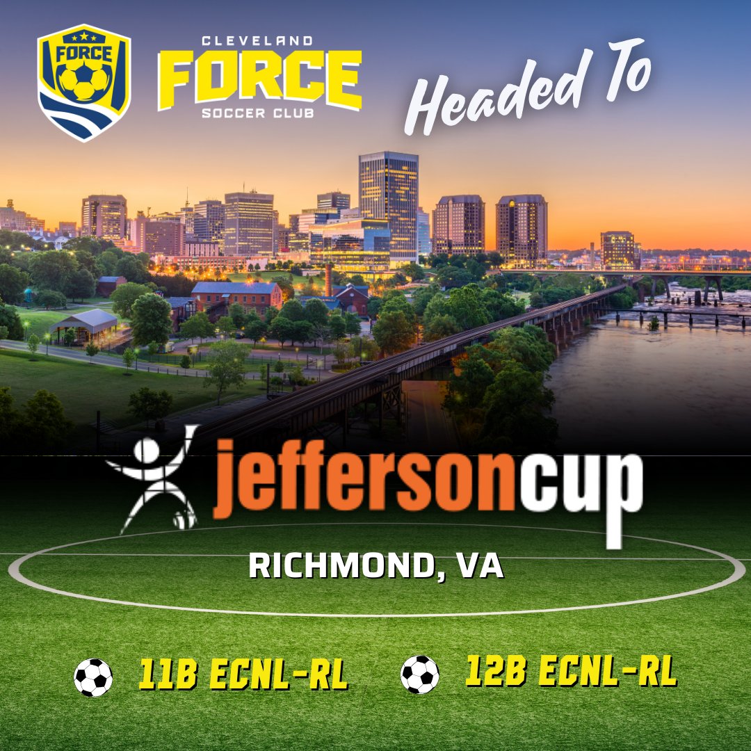 ClevForceSC's tweet photo. Good luck to our Cleveland Force SC 11B ECNL-RL and 12B ECNL-RL teams as they head to the Greater Richmond, VA area to compete in the 2025 Jefferson Cup!!

Our guys are scheduled against some tough competition! Play at your best, guys! 

#chrip #clevelandforcesc https://t.co/AmQoMDGZeG