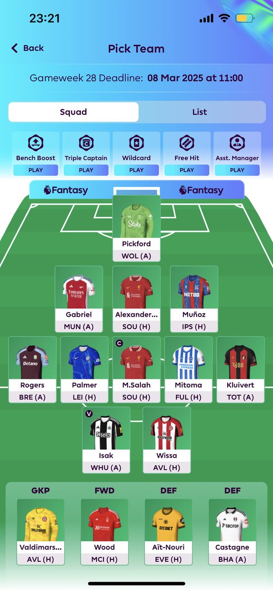 Lockyboii1's tweet photo. @thefplbois FH29 (?) 
WC31
TC Isak 32
BB33
AM 36-38? 

Or I can play with 9 in GW29, and do the FH34? What do you think https://t.co/UIc6Fhlfm0