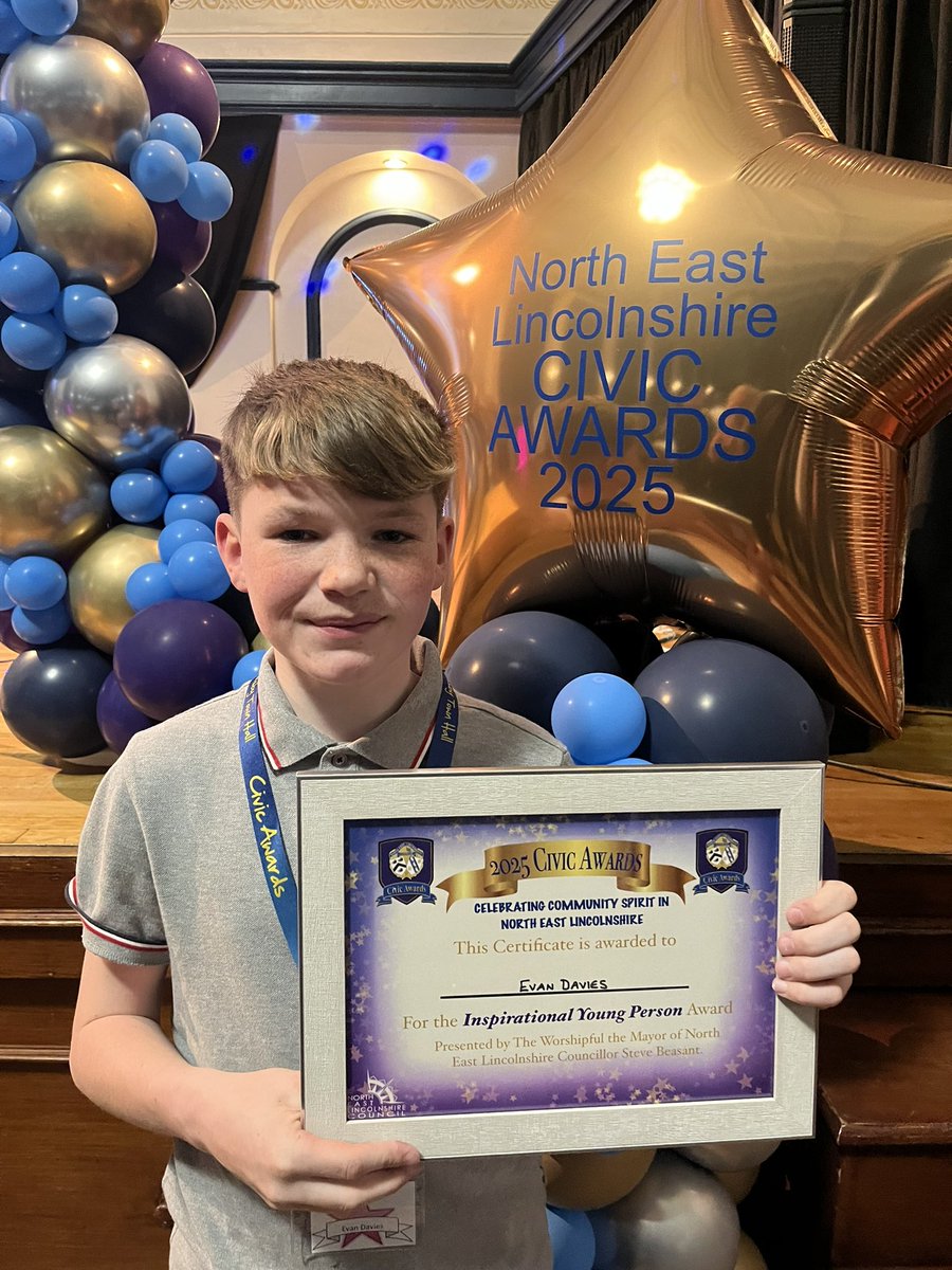 Incredibly proud of Evan for being awarded the ‘inspirational young person’ award at the <a href="/NELCouncil/">North East Lincolnshire Council</a> civic awards. A fantastic night celebrating the fantastic achievements from people of NE Lincs 💛