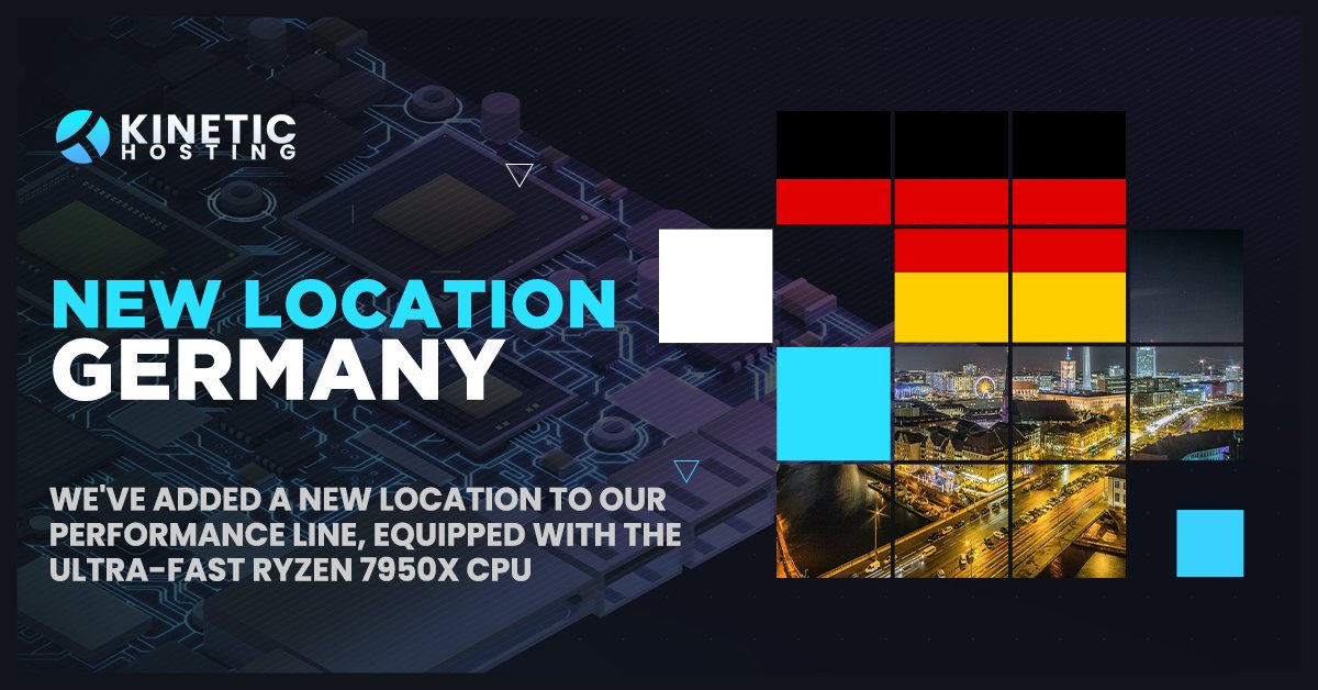Another one ✅

We now offer a Germany Location 🇩🇪!

Equipped with the Ultra-Fast Ryzen 9, 7950x Processor 🎉

You can order the Germany location at: kinetichosting.net