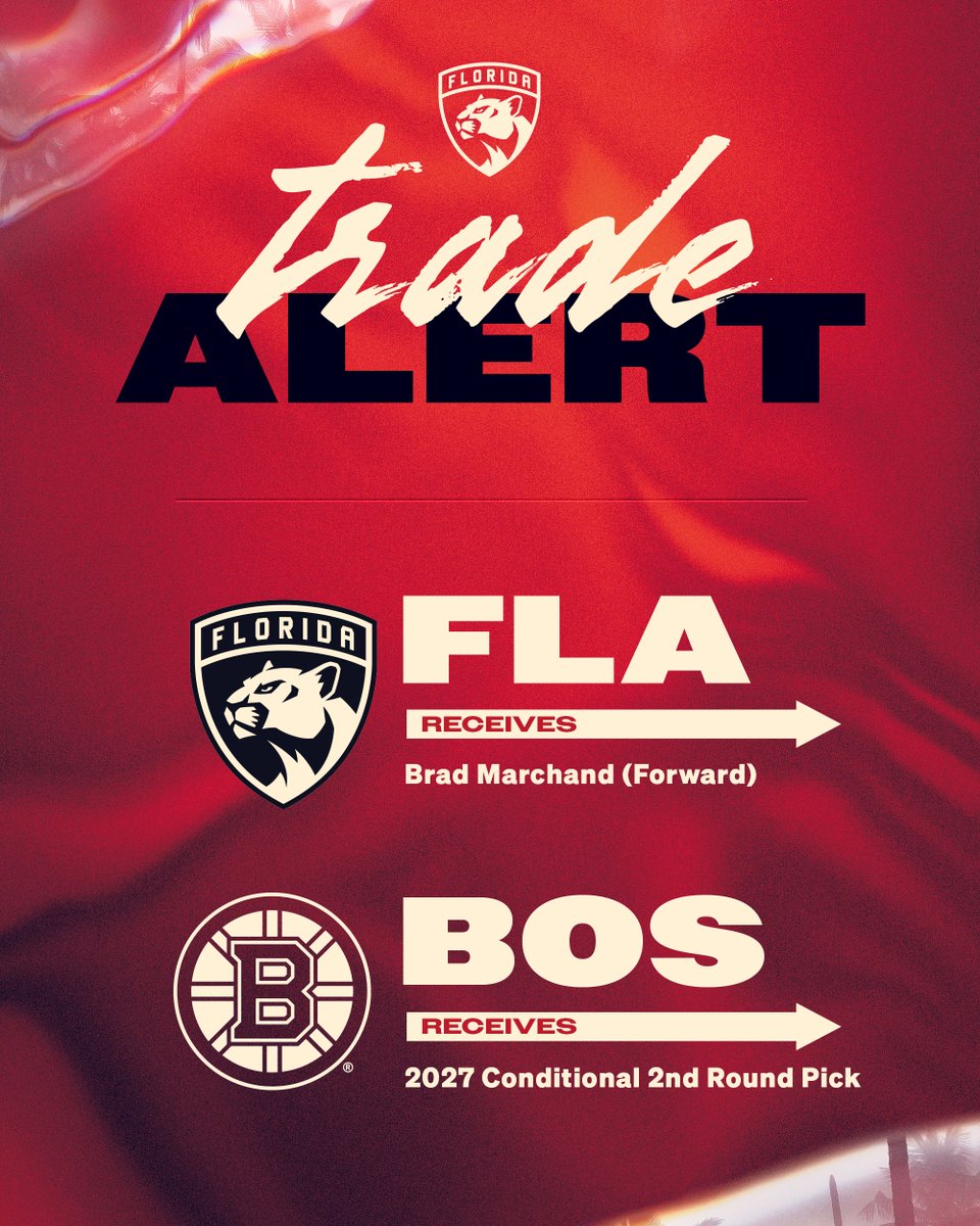 Red background with silver swirls at the top left and bottom right corners.
At the top: "Trade Alert"

FLA Receives:
Brad Marchand (Forward)

BOS Receives:
2027 Conditional 2nd Round Pick