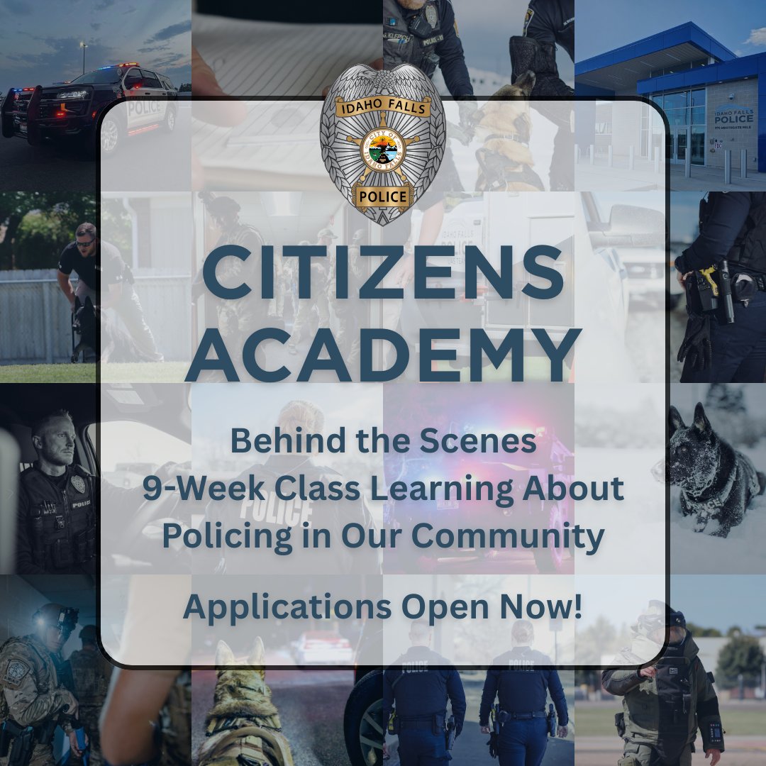 The Idaho Falls Police Department is excited to host a Citizen’s Police Academy beginning April 30, 2025. The class is free, but fills quickly, so get your applications in quickly! 
Learn more at IdahoFallsPolice.com
