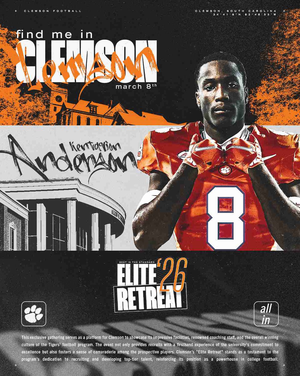 Kentavion ‘’polo’’ Anderson ❹ˢᵗᵃʳ 𝘋𝘉 ✞ (@kentavion_a) on Twitter photo See you tomorrow Tiger Town 🐅 !
<a href="/ClemsonFB/">Clemson Football</a> <a href="/CoachConn/">Mickey Conn</a> <a href="/adamdropsbombs/">Adam</a> <a href="/CoachEason1/">Coach Nick Eason</a> <a href="/Clements_TJC/">Tyler Clements</a> <a href="/Noah_Villalona/">Noah Villalona</a> <a href="/adamdropsbombs/">Adam</a> <a href="/joshjwall16/">Josh Wall</a> <a href="/PaulStrelowTI/">Paul Strelow</a> <a href="/ClemsonTigerNet/">TigerNet.com</a> <a href="/AnnaH247/">Anna Adams</a> <a href="/ChadSimmons_/">ChadSimmons</a> <a href="/TomLoy247/">Tom Loy</a>
<a href="/247Sports/">247Sports</a> <a href="/247recruiting/">247Sports Recruiting</a> See you tomorrow Tiger Town 🐅 !
<a href="/ClemsonFB/">Clemson Football</a> <a href="/CoachConn/">Mickey Conn</a> <a href="/adamdropsbombs/">Adam</a> <a href="/CoachEason1/">Coach Nick Eason</a> <a href="/Clements_TJC/">Tyler Clements</a> <a href="/Noah_Villalona/">Noah Villalona</a> <a href="/adamdropsbombs/">Adam</a> <a href="/joshjwall16/">Josh Wall</a> <a href="/PaulStrelowTI/">Paul Strelow</a> <a href="/ClemsonTigerNet/">TigerNet.com</a> <a href="/AnnaH247/">Anna Adams</a> <a href="/ChadSimmons_/">ChadSimmons</a> <a href="/TomLoy247/">Tom Loy</a>
<a href="/247Sports/">247Sports</a> <a href="/247recruiting/">247Sports Recruiting</a>