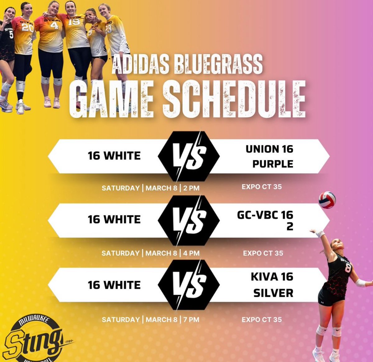Reese Hinrichs 2027 (09) (@hinrichsreese) on Twitter photo GET HYPE!!!! So excited for this weekend to show who we are!! Day one schedule💛 So ready‼️‼️ <a href="/stingvb1988/">Milwaukee Sting 🏐</a> GET HYPE!!!! So excited for this weekend to show who we are!! Day one schedule💛 So ready‼️‼️ <a href="/stingvb1988/">Milwaukee Sting 🏐</a>