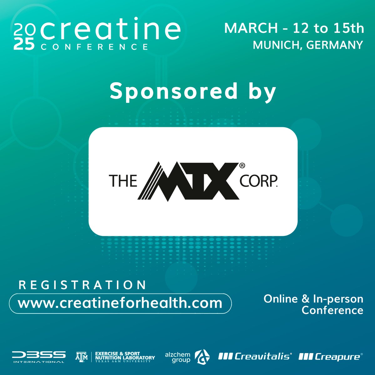 We sincerely thank MTX NUTRITION for their support of the Creatine Conference 2025.

This upcoming event will take place in Munich, Germany 🇩🇪 in a hybrid format. The conference will gather top scholars to share the latest advancements in creatine monohydrate supplementation.