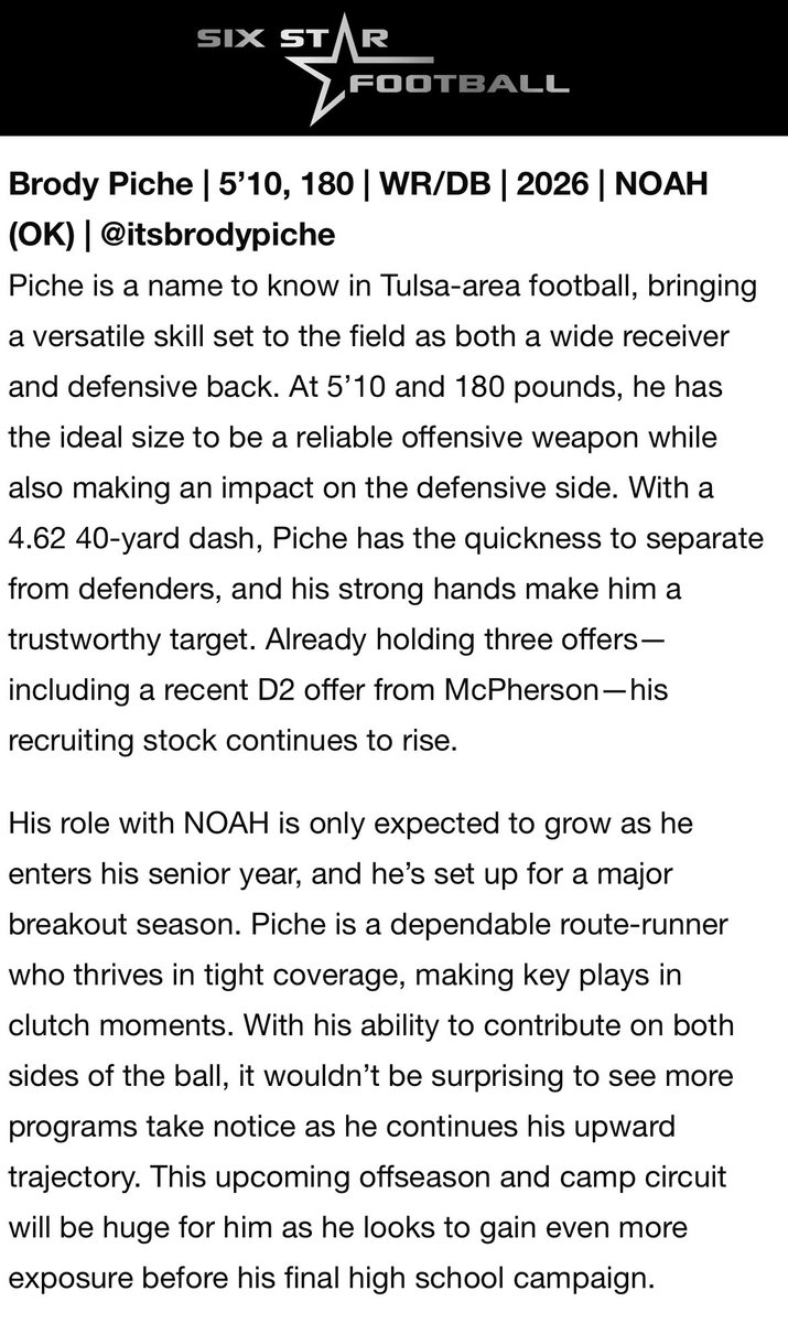 itsbrodypiche's tweet photo. Thank you @sixstarfootball for the write up‼️

@SmokeyHurst 
@4activeboys 
@BallingerJags 
@BrannonTidwell 
@_Coach_Franz https://t.co/E7ZqcBKqxj