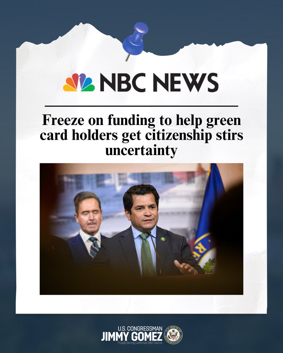 RepJimmyGomez's tweet photo. Orgs like @CHIRLA supports legal residents with apps, English, civics &amp; more on their path to citizenship.

I know how long &amp; hard the journey can be—my parents immigrated from Mexico.

That’s why I led 35 colleagues in demanding @USCIS to unfreeze funds we approved for them. https://t.co/US9yZIvyeE