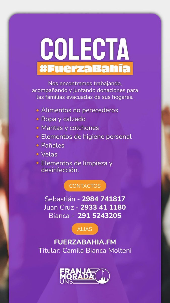 🚨🚨GENTE!!! RT A ESTO, BAHIA BLANCA NECESITA AYUDA.

👉🏻 Les dejamos los datos de la gente de Fuerza Bahia para que puedan donar alimentos, ropa y artículos de limpieza e higiene, además de ayda monetaria.

DIFUNDAN POR FAVOR!!!