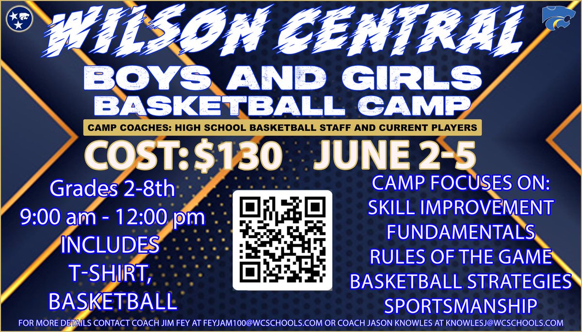 🚨WILSON CENTRAL BASKETBALL CAMP🚨

Wilson Central will be hosting a kids camp this June‼️

🗓 June 2-5, 2025

⏰ 9:00-12pm

📍Wilson Central High School Gym

⛹🏼‍♂️ 2nd-8th Grade ⛹🏼‍♂️

🔗: forms.office.com/pages/response…

💲: wilsoncounty.schoolcashonline.com/Fee/Details/32…